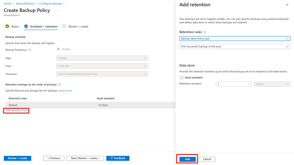 Screenshot shows how to define the retention for the database backups.