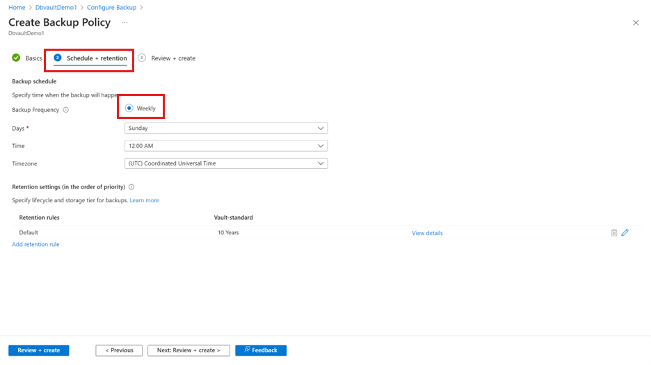 Screenshot shows how to define the backup schedule in the Backup policy.