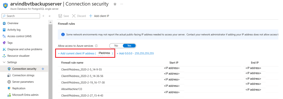 Screenshot that shows the link for adding the current client ID address to firewall rules.
