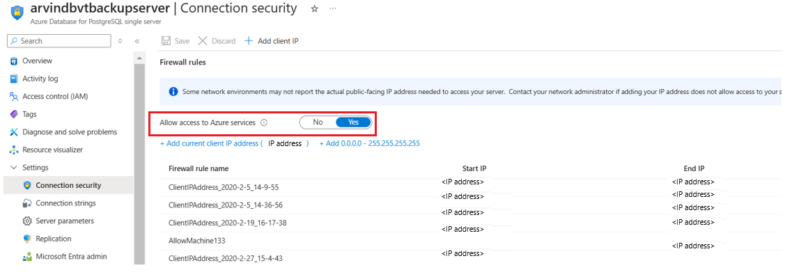Screenshot that shows the option to set network line-of-sight access on an Azure Database for PostgreSQL server.
