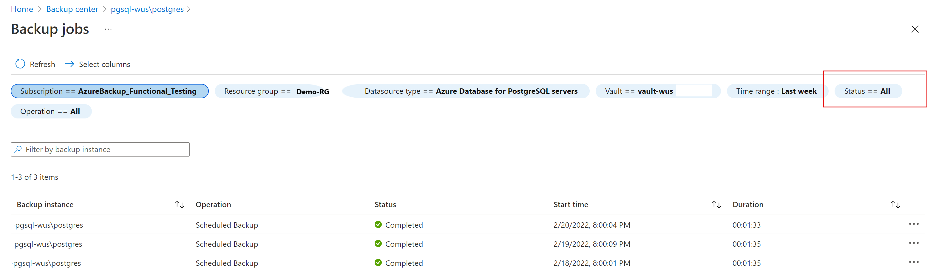 Screenshot that shows the button for displaying ongoing and past jobs.