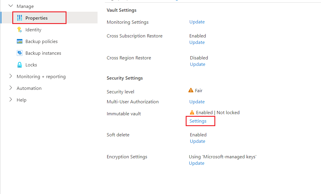 Screenshot showing how to open the Immutable vault settings to disable for a Backup vault.