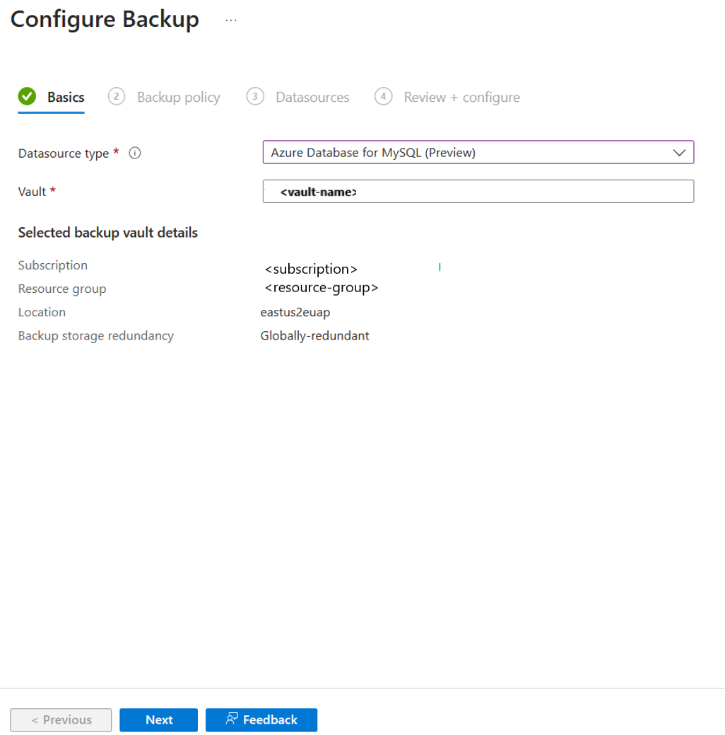 Screenshot that shows the Basics tab on the pane for configuring a backup.