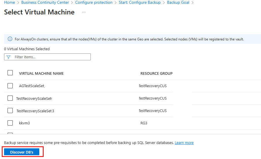 Screenshot shows the list of VMs running SQL databased that aren't protected.
