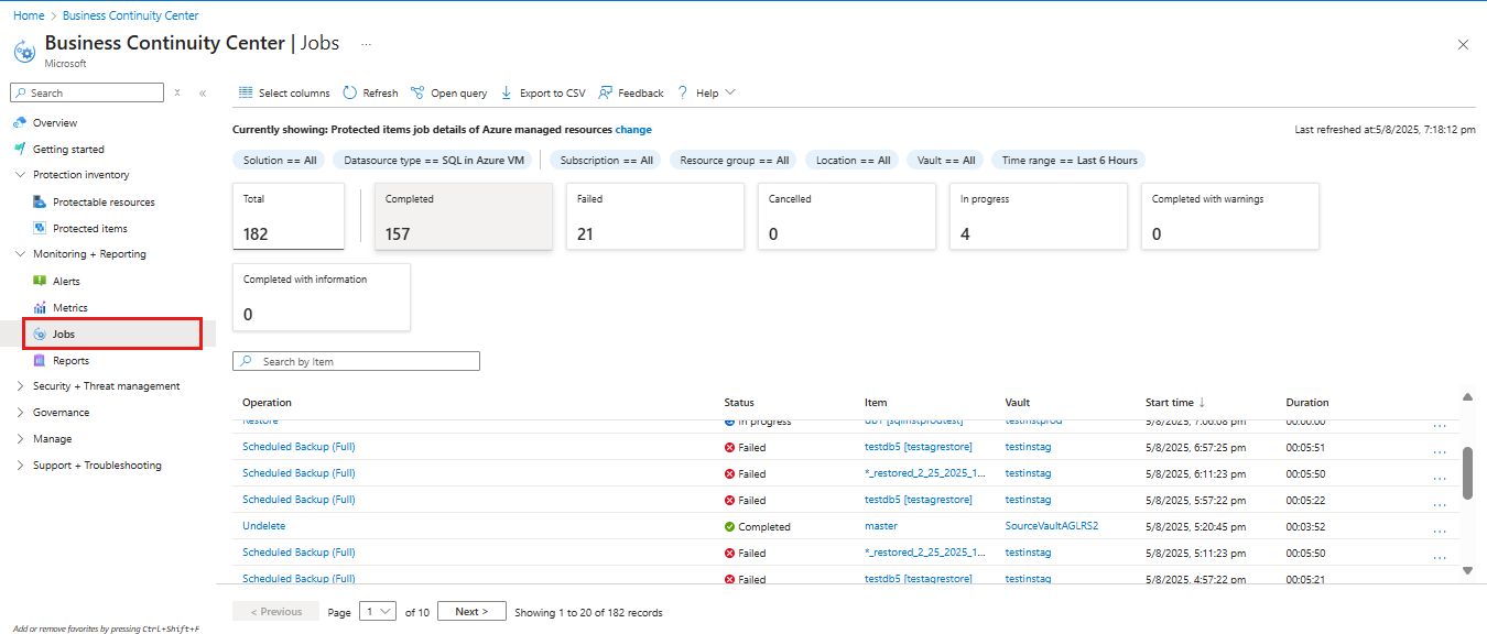 Screenshot shows the Backup jobs in Azure Business Continuity Center.