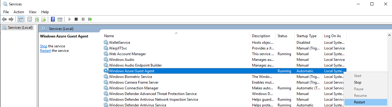 Screenshot shows the Windows Azure Guest service is in running state.