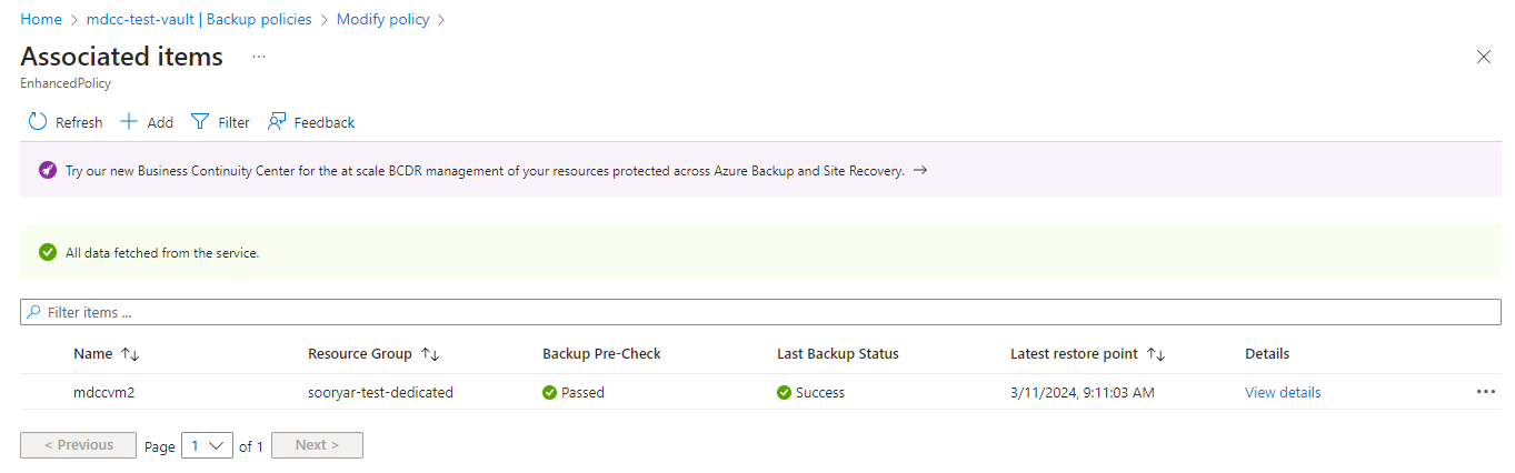 Screenshot that shows the list of VMs associated with a backup policy.