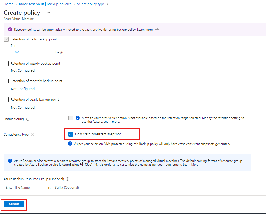 Screenshot that shows how to set the crash-consistent policy.