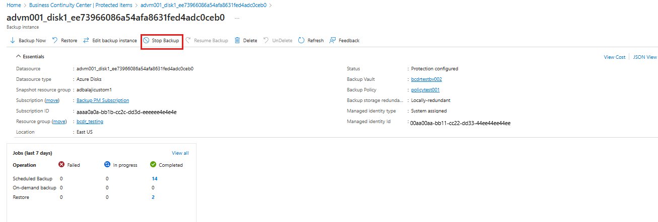 Screenshot shows how to initiate the stop backup operation for Azure Disks.