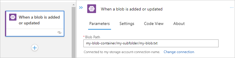 Screenshot showing Standard workflow with Azure Blob built-in trigger set up for a subfolder and specific blob.