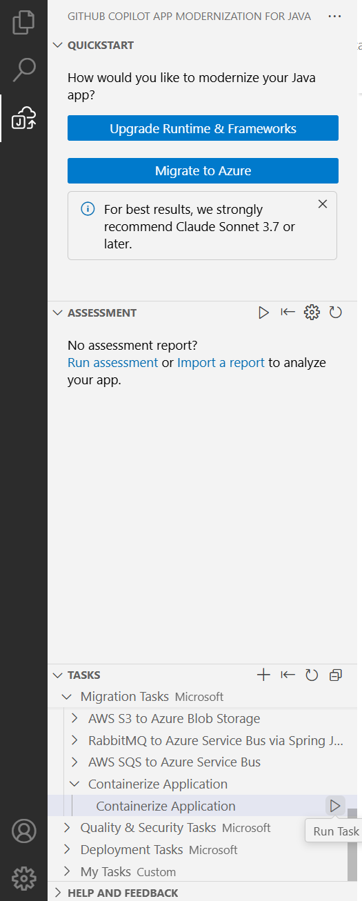 Screenshot of Visual Studio Code that shows the Containerize Application task with the Run Task button highlighted.