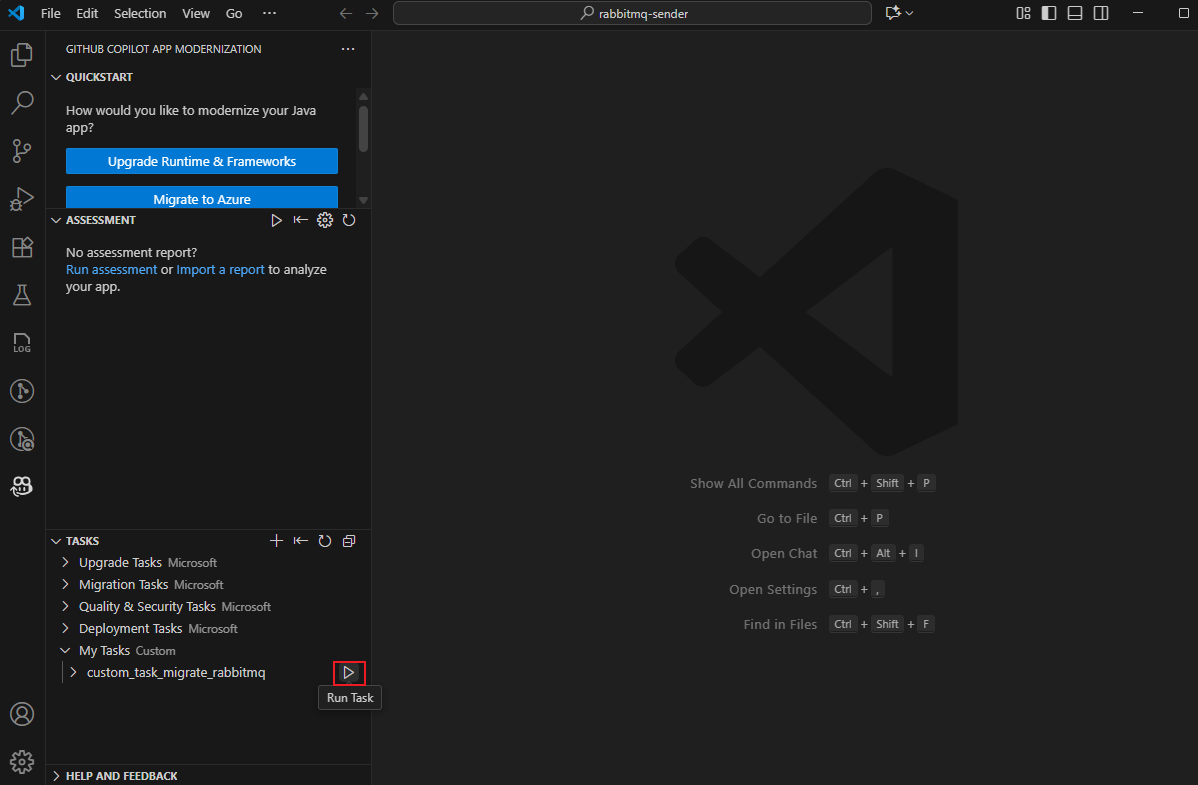 Screenshot of Visual Studio Code that shows the Tasks section with the Run task button highlighted.