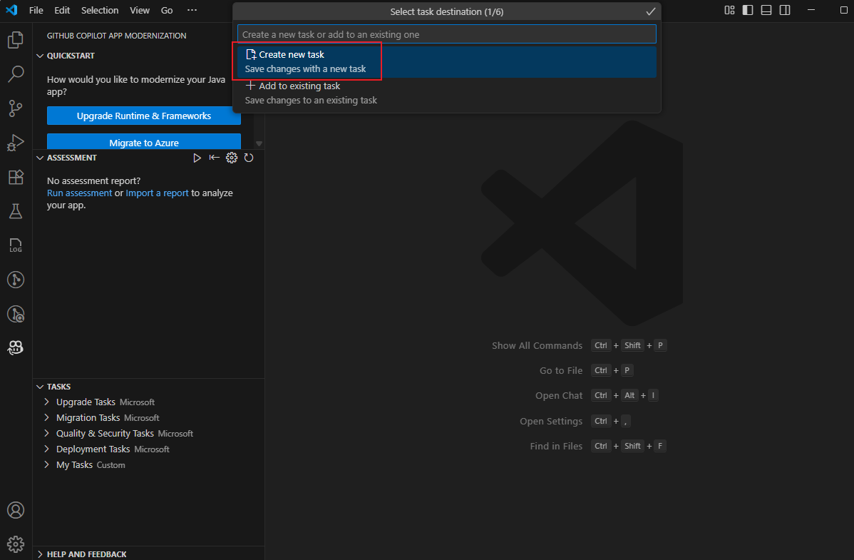 Screenshot of Visual Studio Code that shows the Create new task option.