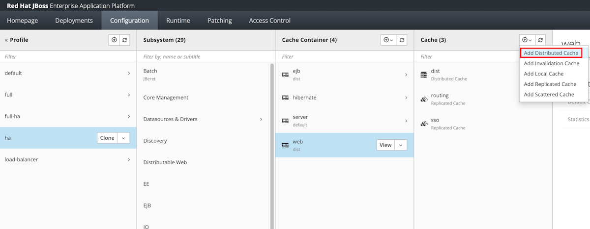 Screenshot of the JBoss EAP management console Add Distributed Cache.