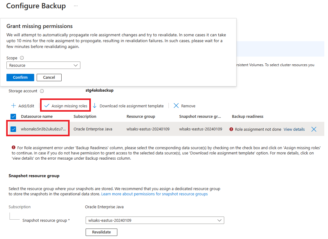 Screenshot of the Azure portal that shows the AKS Configure Backup Validation.