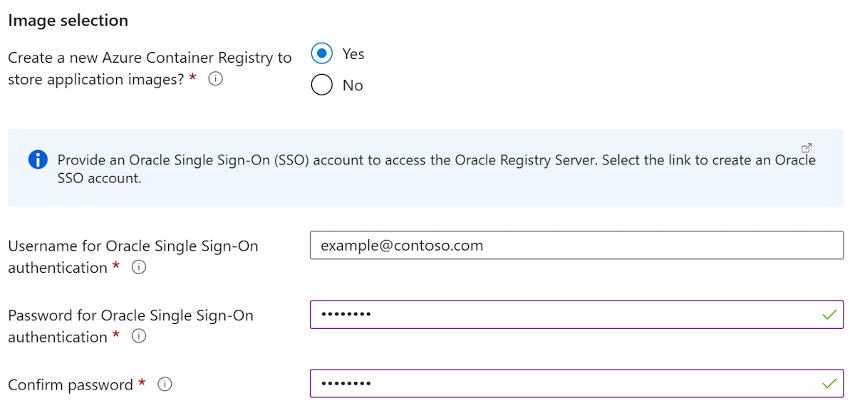 Screenshot of the Azure portal showing the Oracle WebLogic Server on AKS pane - Image Selection.