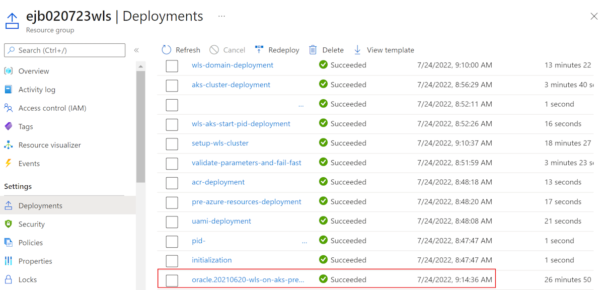 Screenshot of Azure portal showing the resource group deployments list.