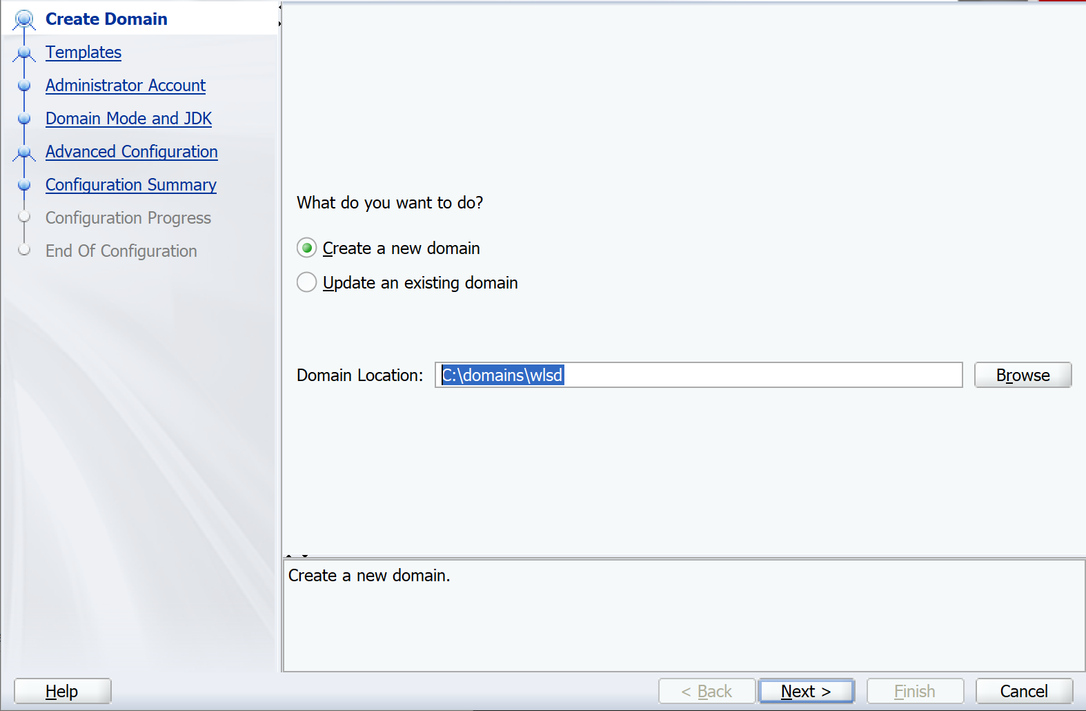Windows - Oracle Configuration Wizard - Domain Location.