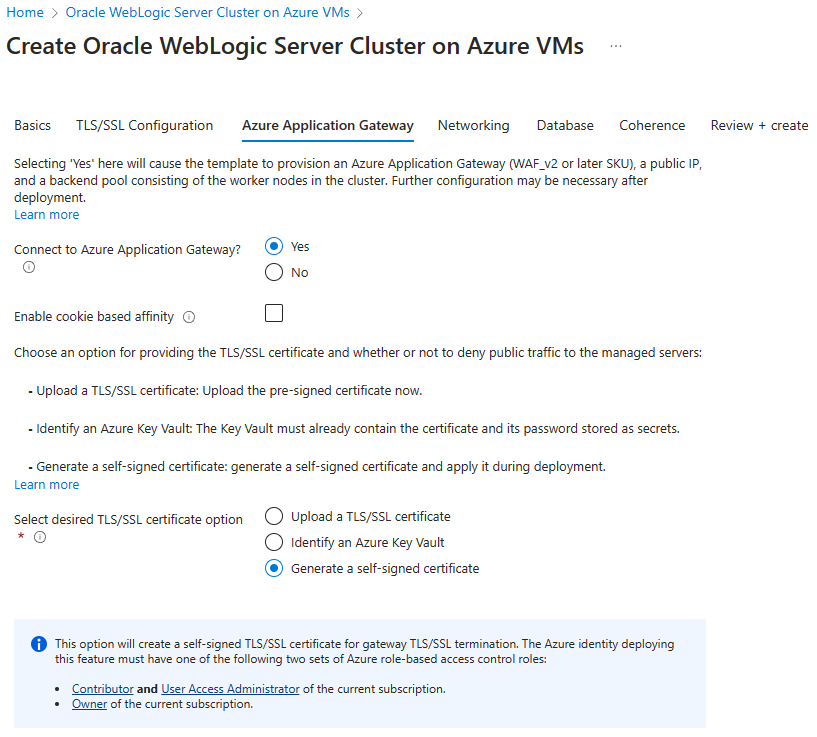 Screenshot of the Azure portal that shows the Oracle WebLogic Server Cluster on Azure VMs Azure Application Gateway pane.