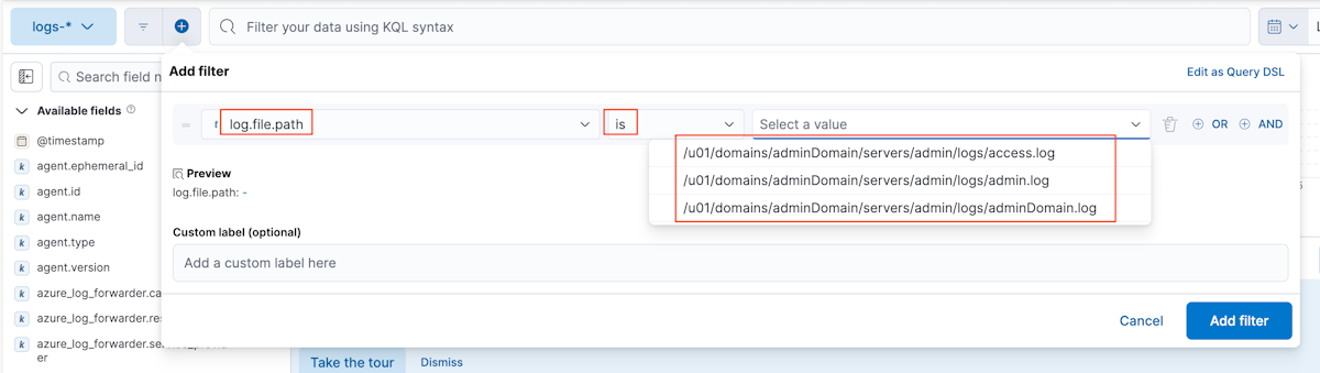 Screenshot of the Add filter dialog box in Kibana.