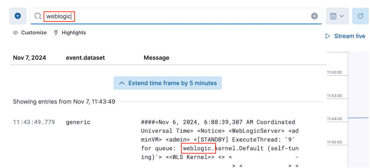Screenshot of log messages search pane with the 'weblogic' search term highlighted.