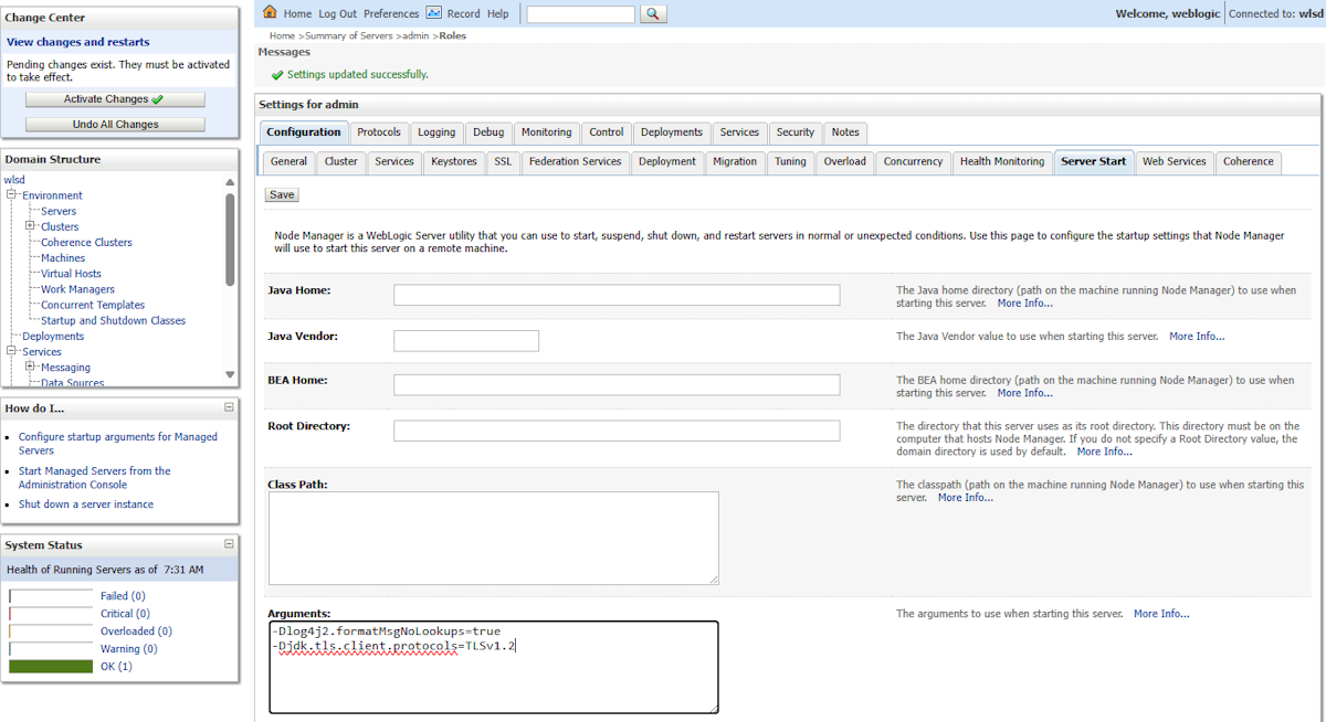Screenshot of the WLS admin console Configuration > Server Start tab.