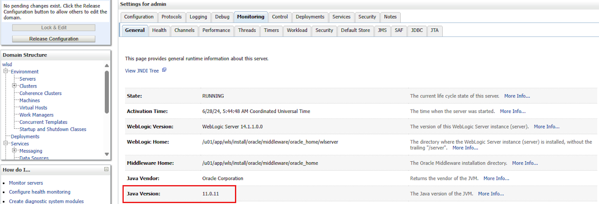 Screenshot of the WLS admin console Monitoring > General tab with the Java Version field highlighted.