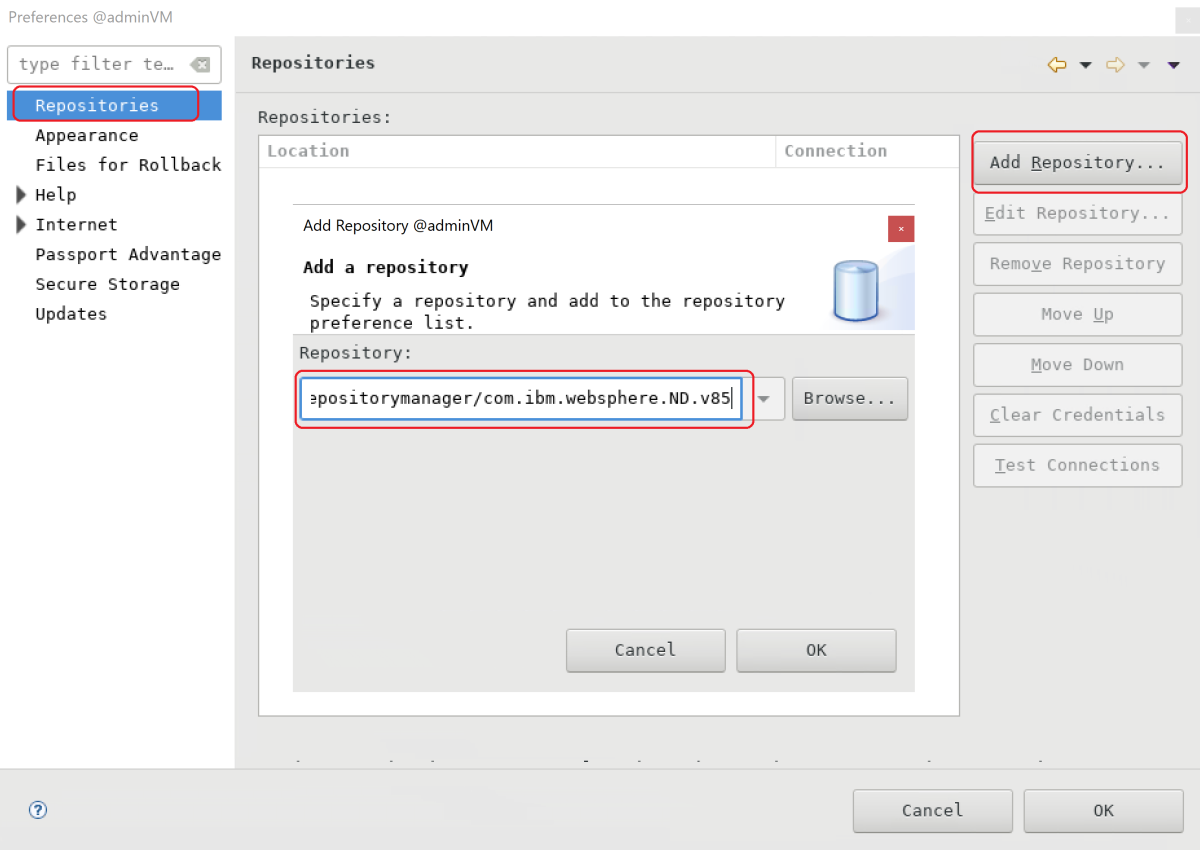Screenshot of the box for adding the product repository for IBM WebSphere Application Server.