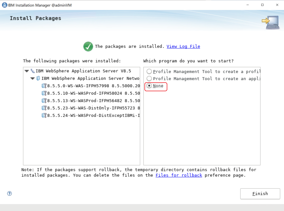 Screenshot of completed package installation for IBM WebSphere Application Server.