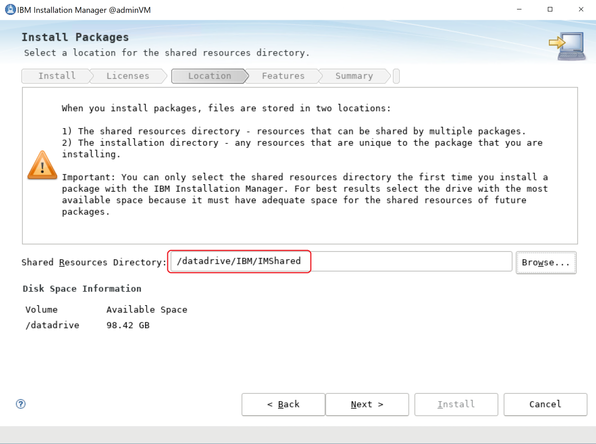 Screenshot of the Shared Resources Directory box for IBM WebSphere Application Server.