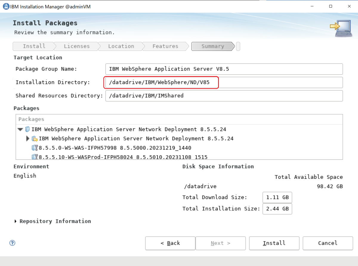 Screenshot of an IBM WebSphere Application Server summary.