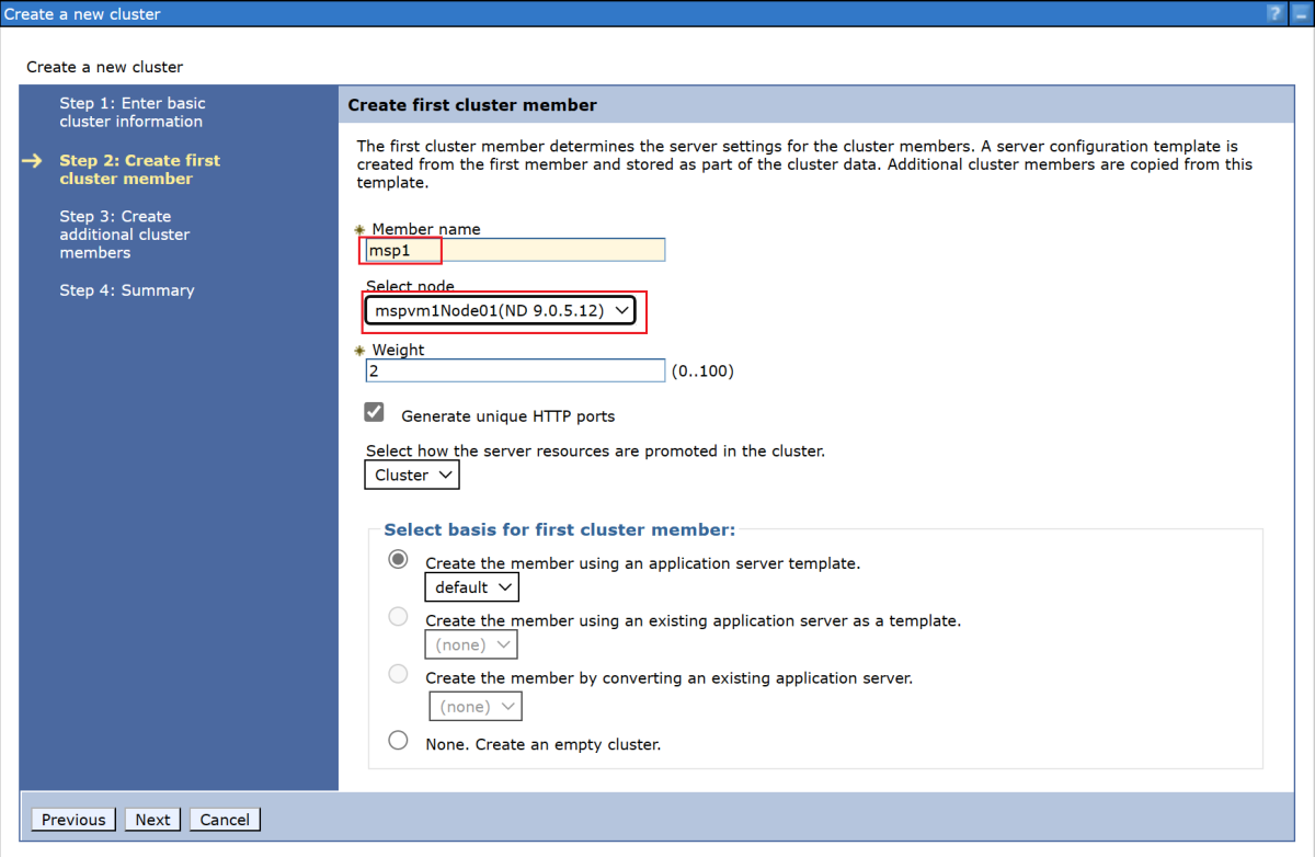 Screenshot of the step for creating a first cluster member in the IBM Console.