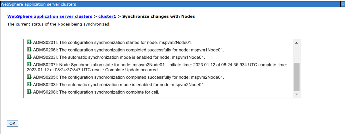 Screenshot of the IBM Console that shows successful completion of synchronization.