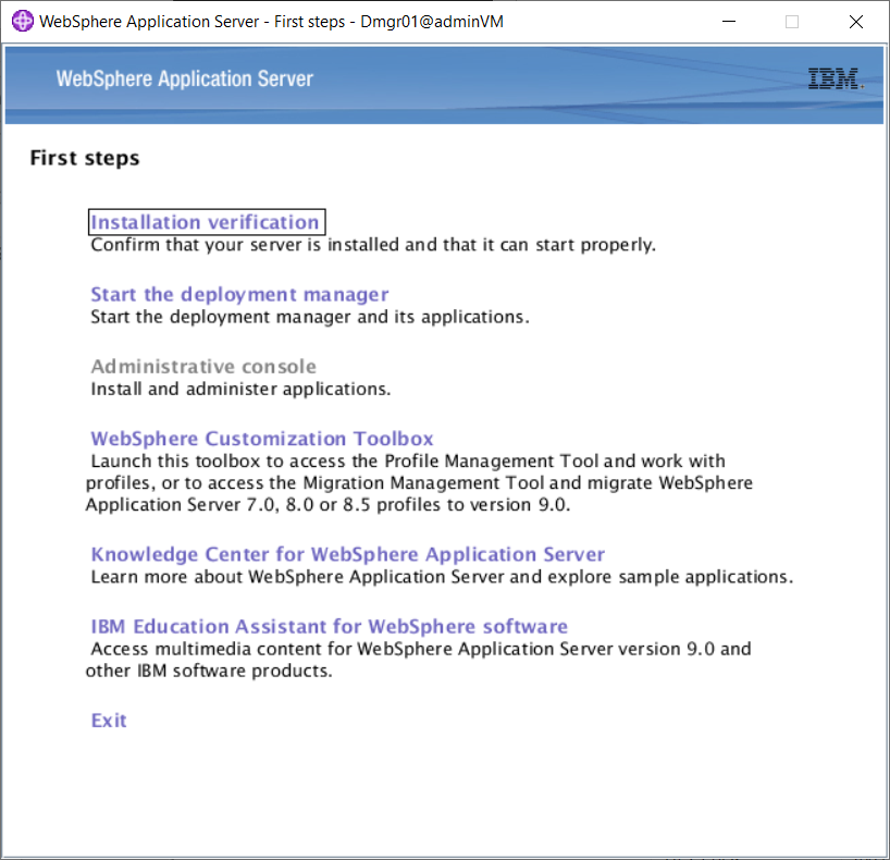 Screenshot of the First steps console of the IBM Profile Management Tool.