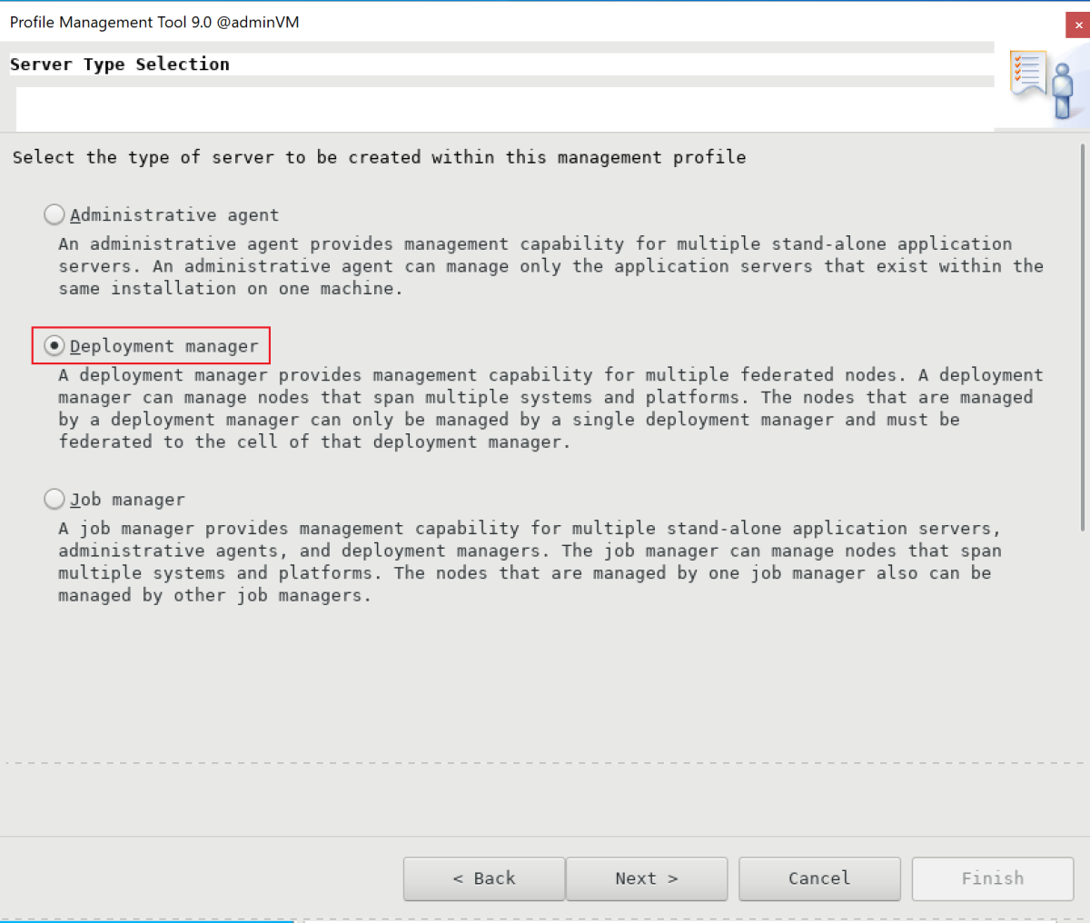Screenshot of the Server Type Selection pane in the IBM Profile Management Tool.