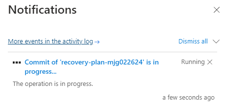 Screenshot of the Azure portal Notifications pane that shows the failover commit in progress.