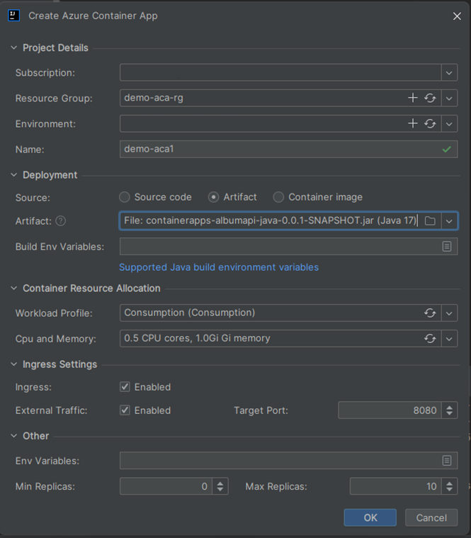 Screenshot of Intelli J that shows the Create Azure Container App dialog box.