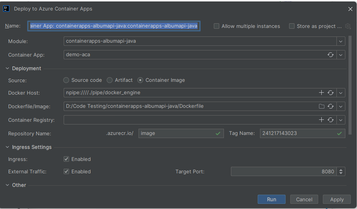 Screenshot of Intelli J that shows the Deploy to Azure Container Apps dialog box.