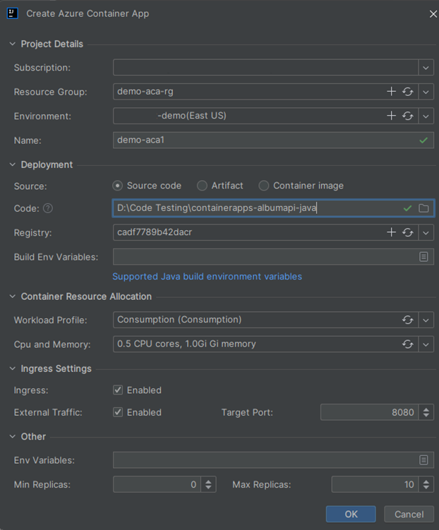 Screenshot of Intelli J that shows the Create Azure Container App dialog box.