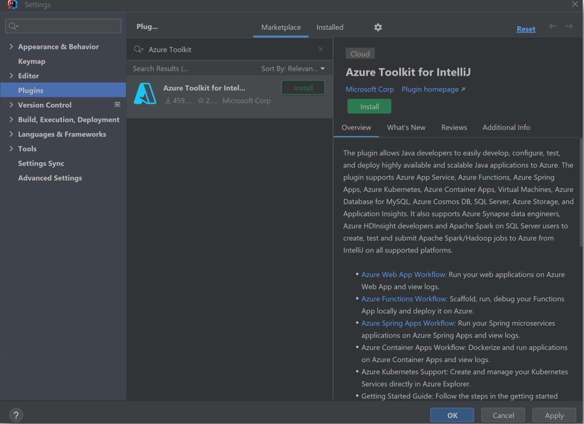 Screenshot of IntelliJ IDEA showing the Plugins section of the Settings dialog box with the Azure Toolkit for IntelliJ in the search results.
