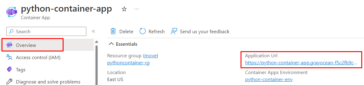 Screenshot that shows selections for finding the website URL of an Azure Container Apps container in the Azure portal.