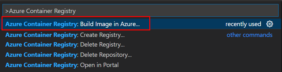 Screenshot that shows how to search for the task to build a new Azure Container Registry container image in Visual Studio Code.
