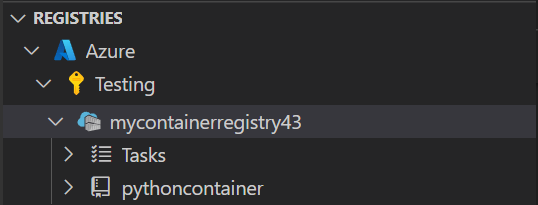 Screenshot that shows an example Azure Container Registry instance in the area for registries in Visual Studio Code.