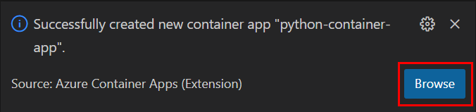 Screenshot that shows the button for browsing to an Azure container app after it's created in Visual Studio Code.