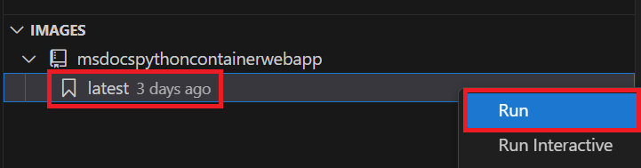 A screenshot that shows how to run a Docker container in Visual Studio Code.