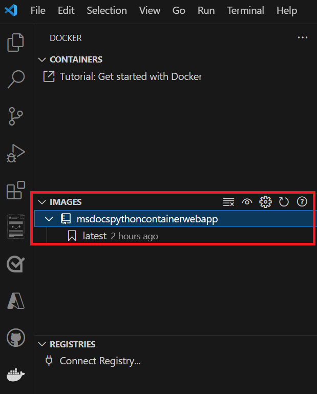 A screenshot that shows how to confirm the built image in Visual Studio Code.