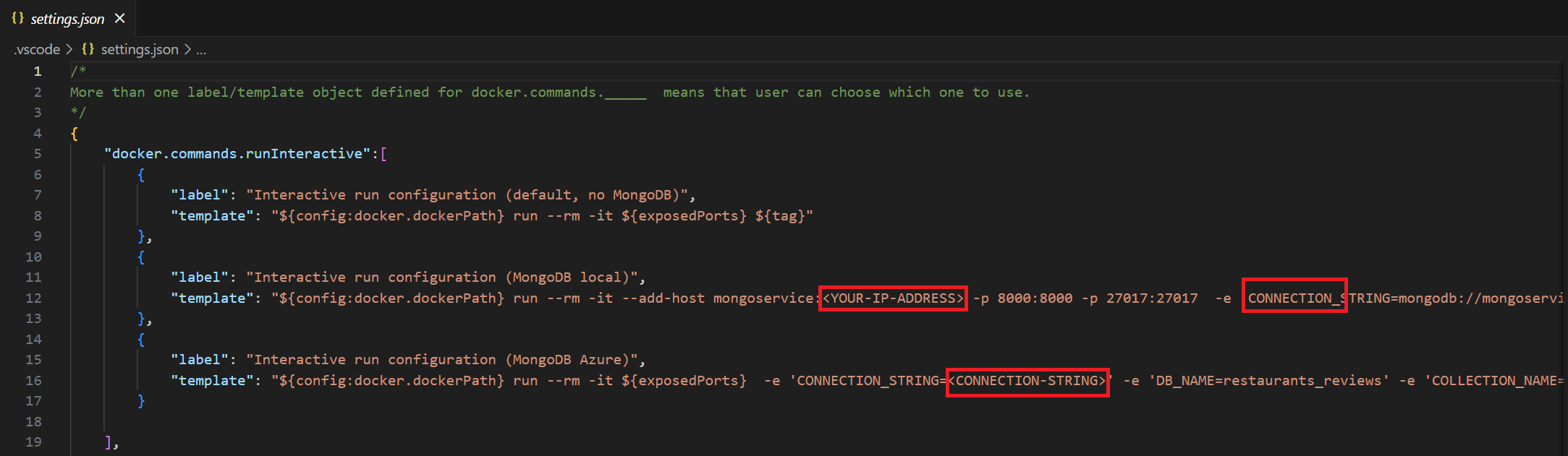A screenshot that shows the settings.json file in Visual Studio Code.