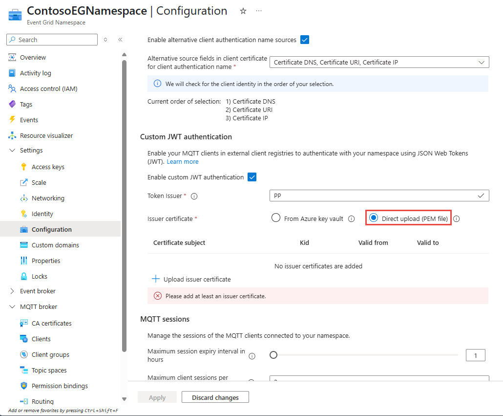 Screenshot that shows the selection of the Direct Upload option of the Configuration page for an Event Grid namespace.