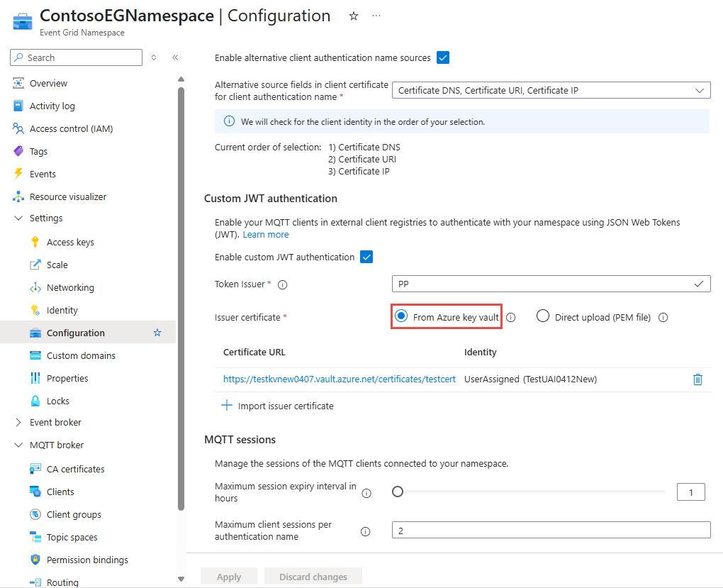 Screenshot that shows the selection of the Azure Key Vault option of the Configuration page for an Event Grid namespace.