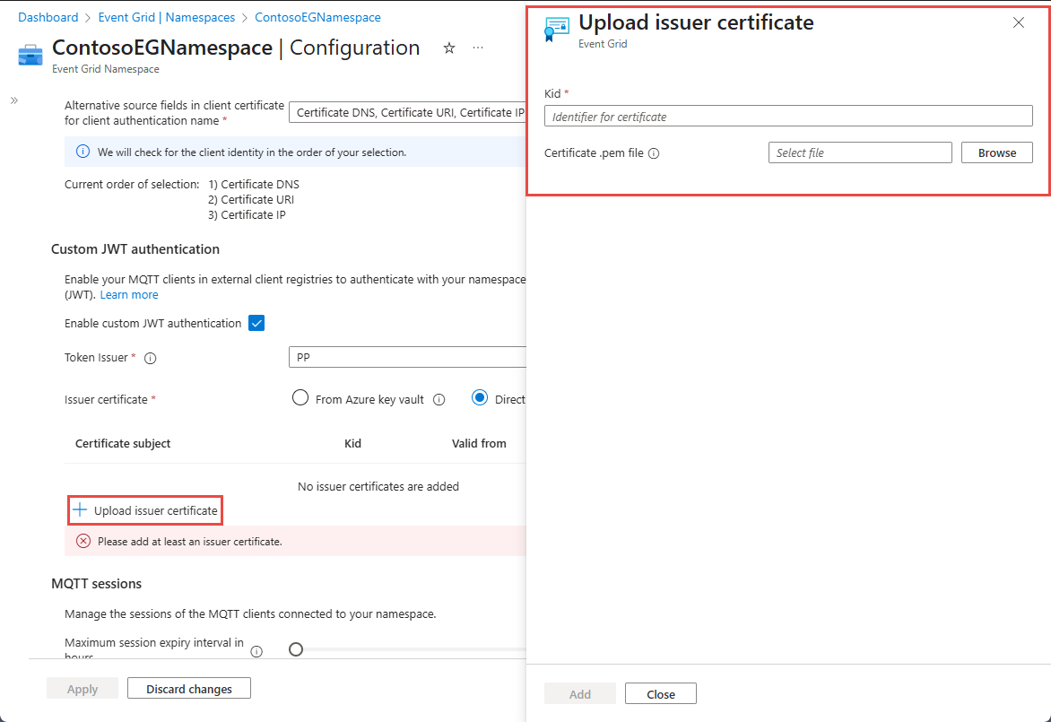Screenshot that shows the Upload issuer certificate page.